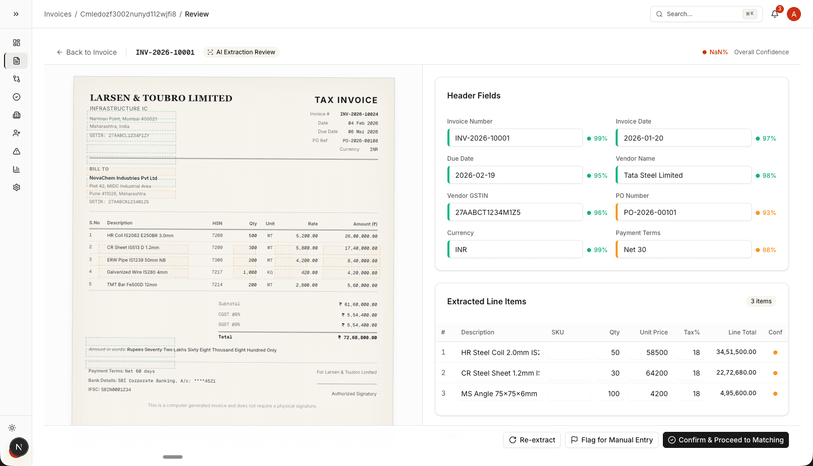 FlowFin AI Extraction showing original invoice alongside extracted fields with confidence scores