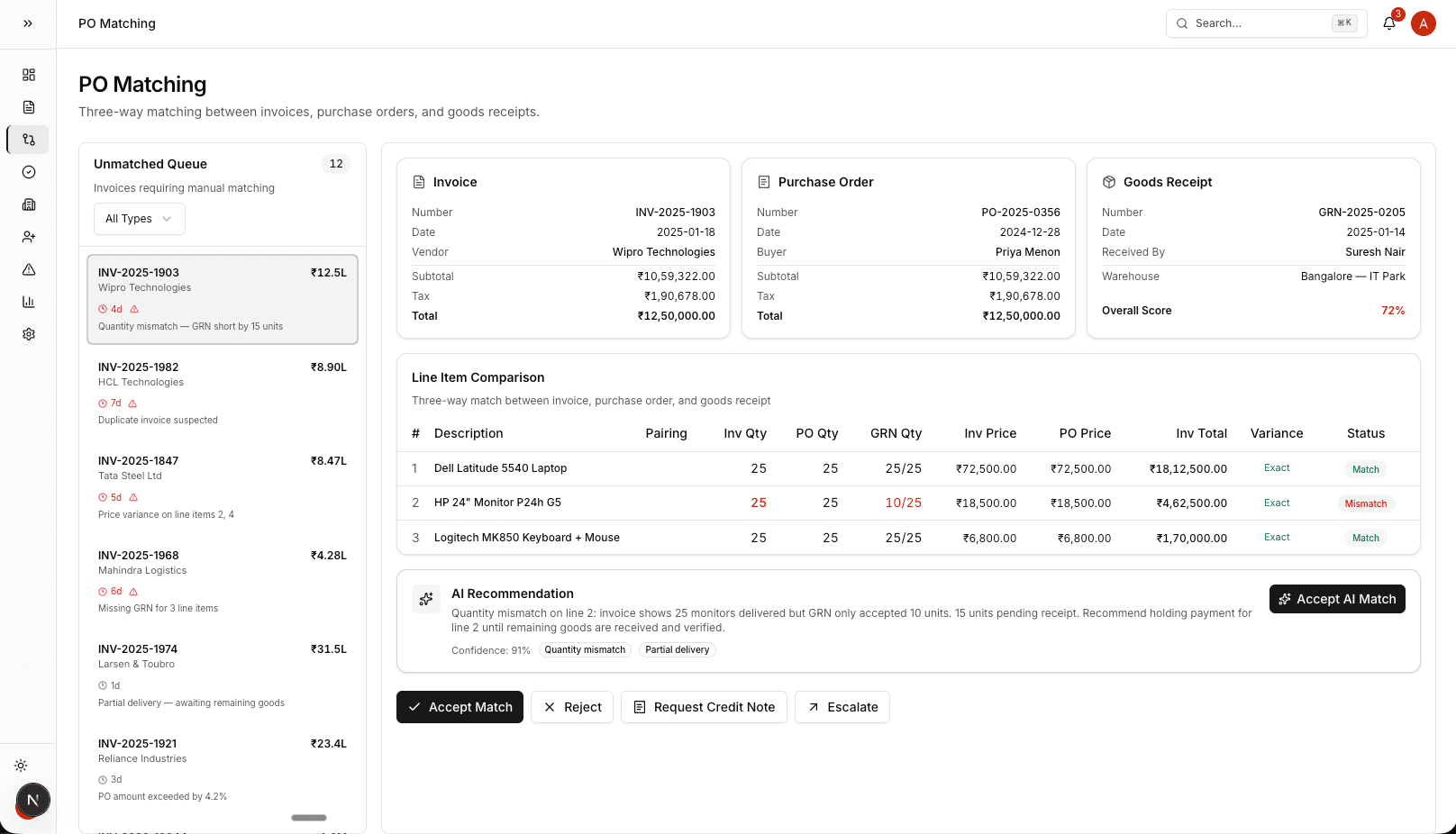 FlowFin 3-way matching showing Invoice, Purchase Order, and Goods Receipt comparison with line item variances